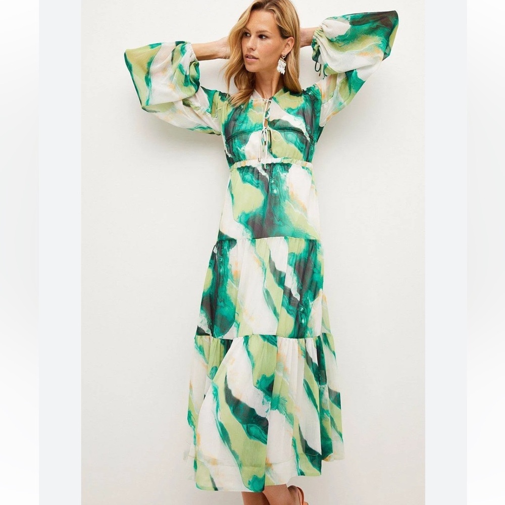 KAREN MILLEN DRESS | Elegant Green and White Maxi Dress with long sleeves